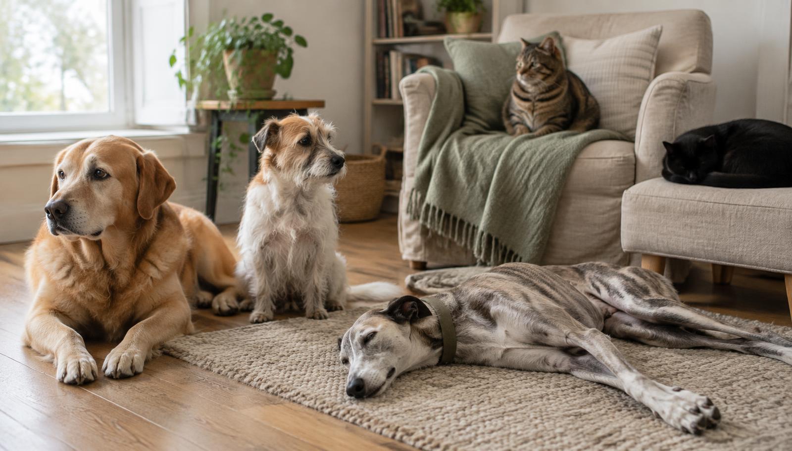 Un grup de animale de diferite rase odihnindu-se împreună acasă: un câine auriu, un terrier mic, un whippet adormit pe covor, o pisică tigrată pe un fotoliu și o pisică neagră ghemuită