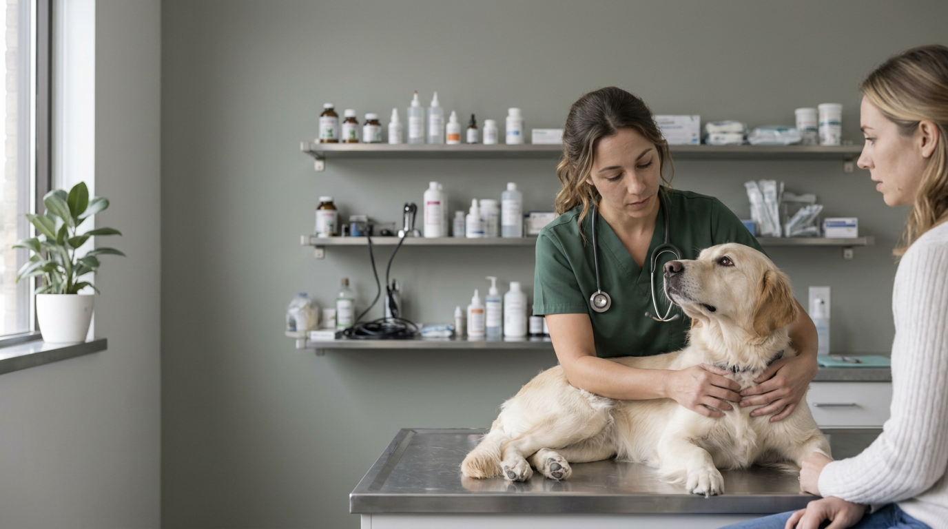 Un medic veterinar îngrijind un câine într-o clinică veterinară activă